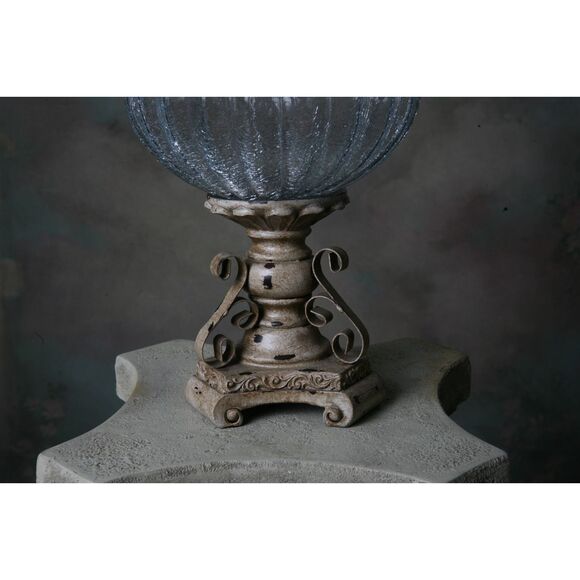 Decorative Crackle Glass Jar With Fleur-de-lis Lid Metal Work Aged - Picture 4 of 9